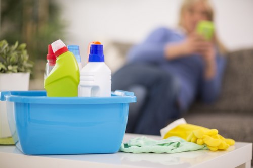 Cleaner staging an Airbnb living room for arrival